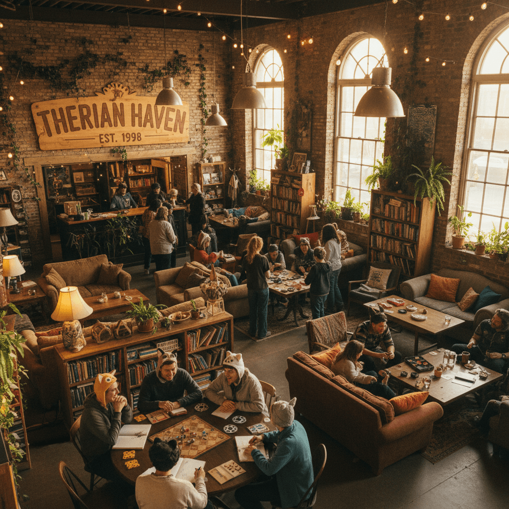 Wide view of Therian shop community space during active gathering