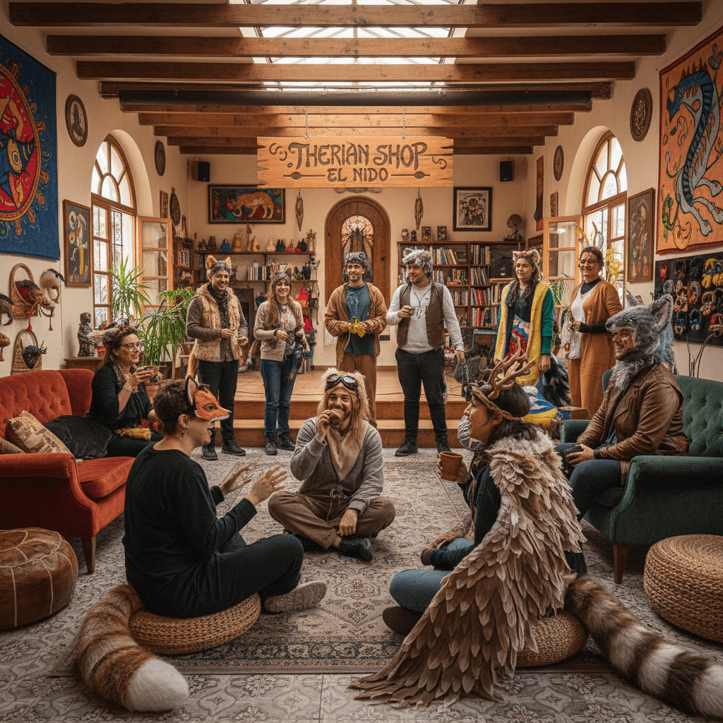 Diverse group in animal-themed costumes at a community center in Seville