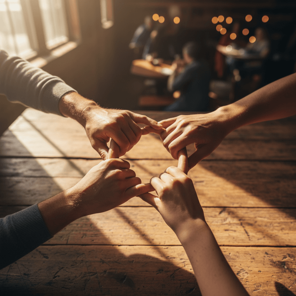 Community members joining hands in connection
