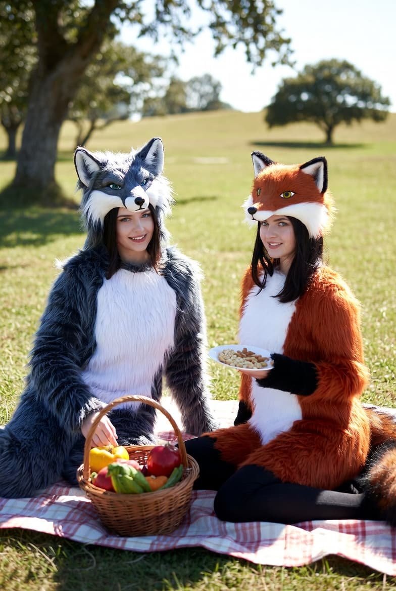 Two women in wolf and fox costumes sit on a picnic blanket in a field.
