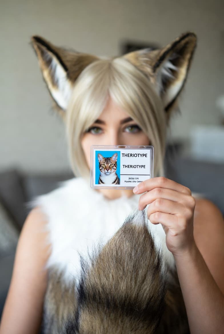 Person wearing animal ears holds a Theriotype ID card featuring a cat and furry tail.