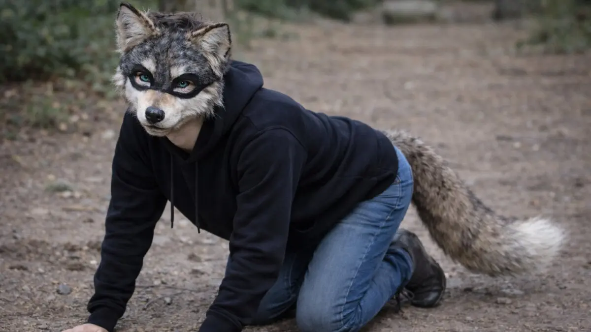Person wearing a wolf mask, black hoodie, and tail crawls on a dirt forest path.