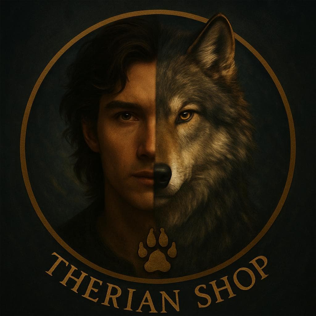 Split man and wolf face in a circular logo with paw icon and 'THERIAN SHOP'.