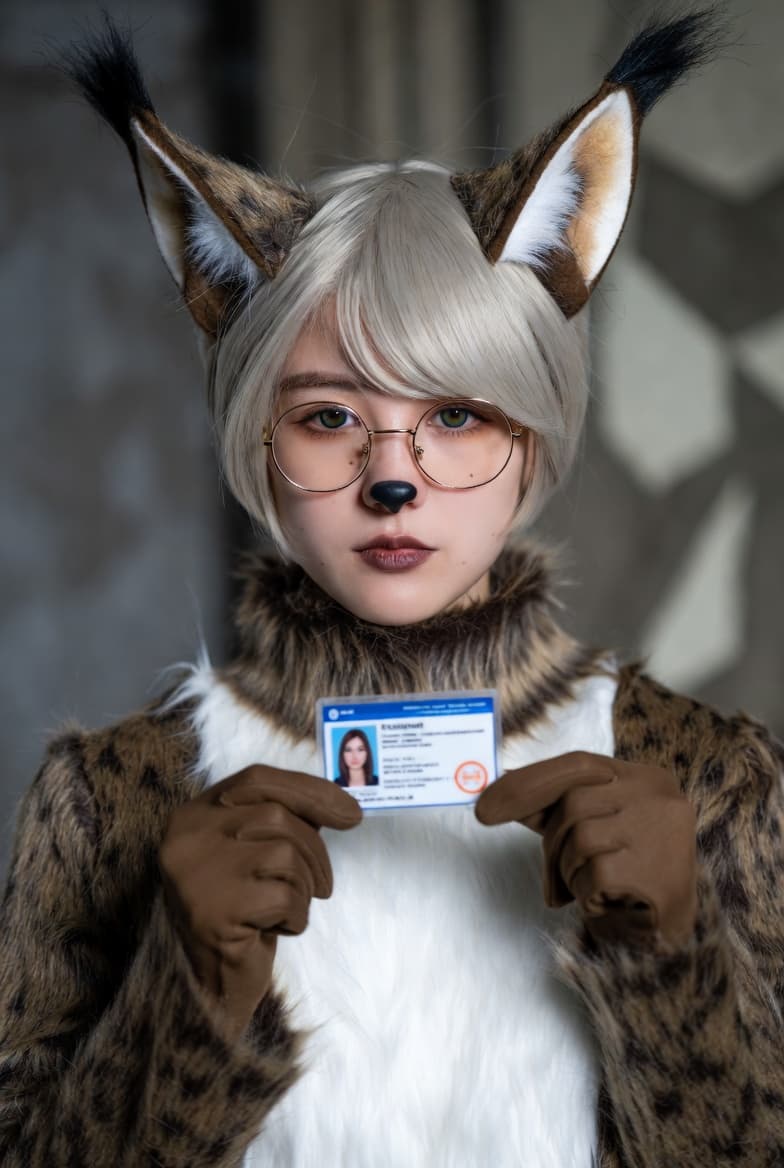 Person in spotted lynx cosplay with silver hair and glasses holding an identification card.