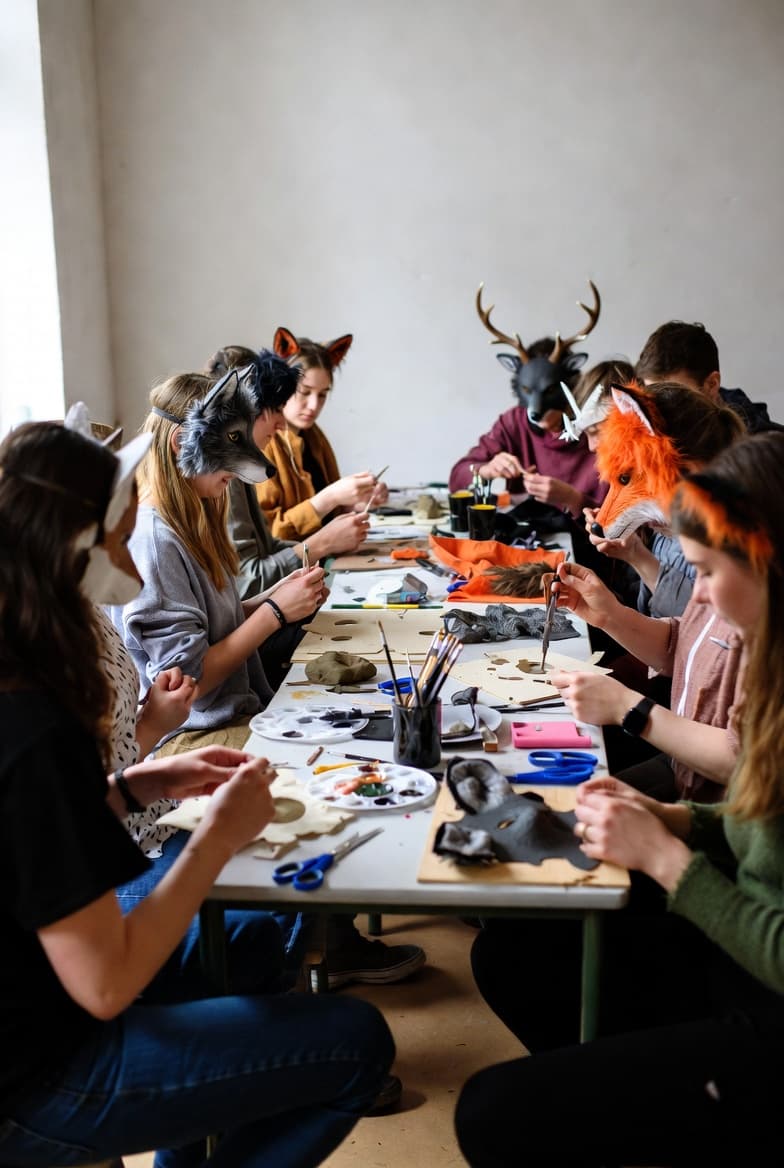 People wearing animal masks sit at a long table, crafting with paint and brushes.
