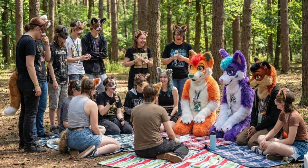 People wearing fursuits and animal masks gather for a social picnic in a sunny forest.