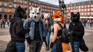 People wearing realistic animal masks and tails pose in a crowded historic city square.