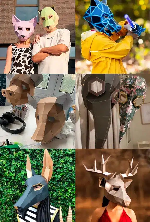 Collage of diverse low-poly geometric paper animal masks, including a wolf, deer, and Anubis.