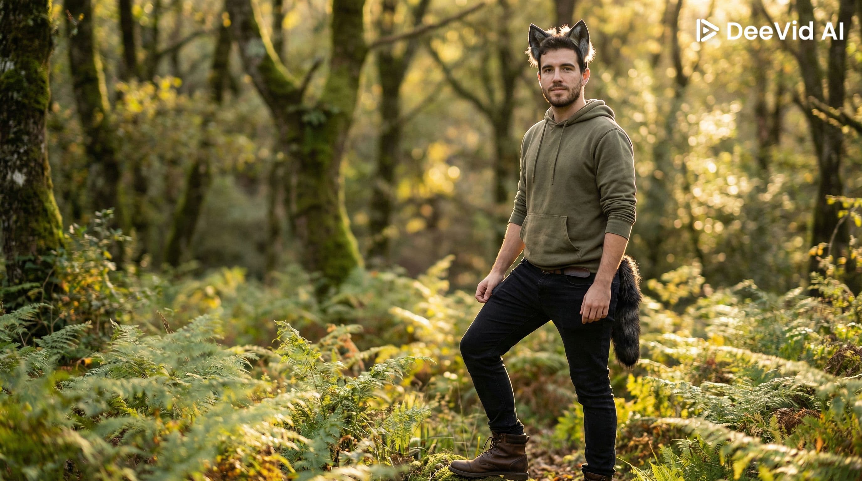 Man wearing wolf ears and a tail stands in a sunlit forest surrounded by ferns.